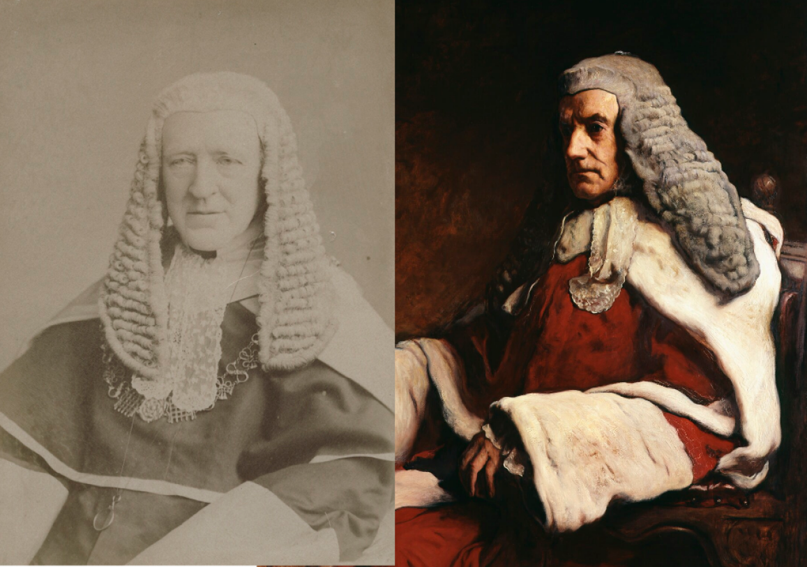 Two portraits of old men in historical judges costume