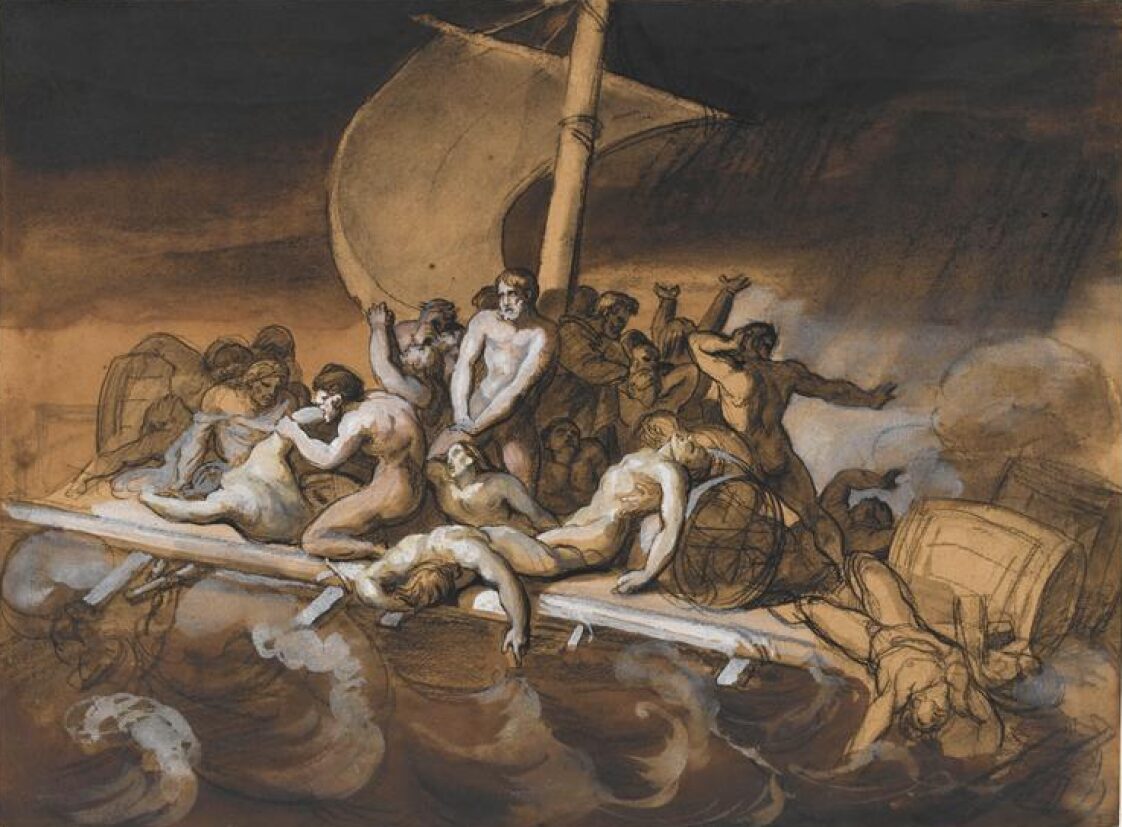 An unfinished painting depicting many figures on a raft at sea. One is eating another.