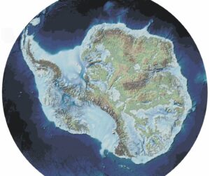 A map of Antarctica without ice, showing topographical details.