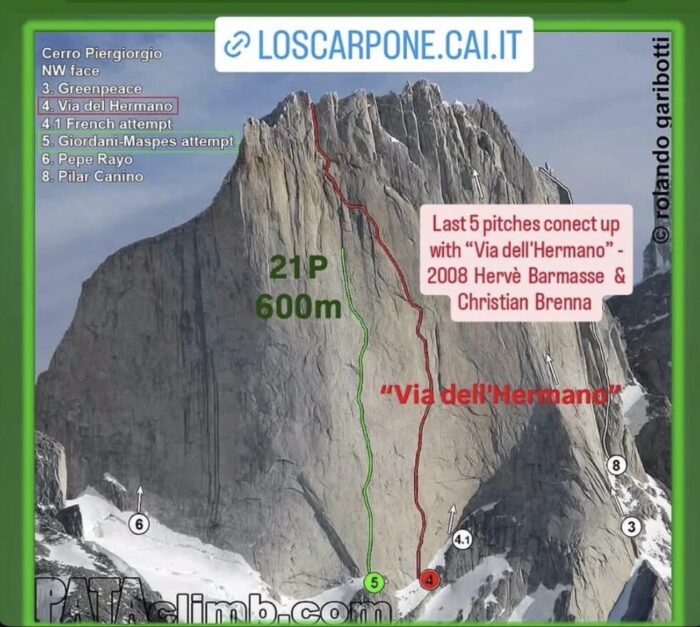 Topo by PataClimb shared by ScarponeCAI.it, Showing the 1995 attempt in green and Barmasse/Brenna's Via del Hermano