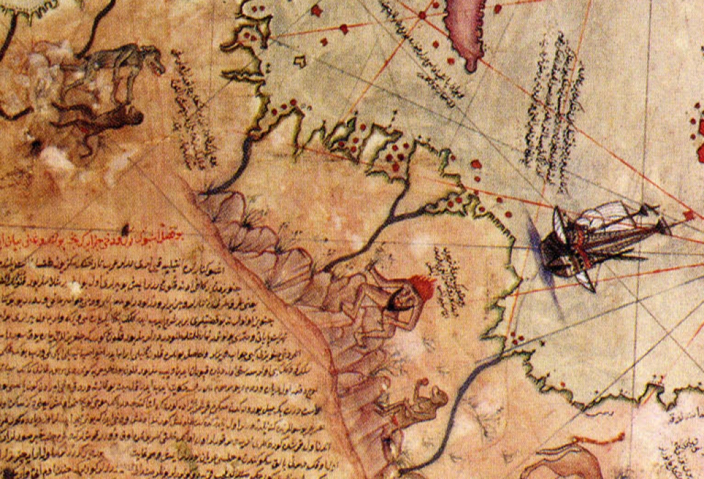 An old map, showing a coastline with a number of strange humanoids.