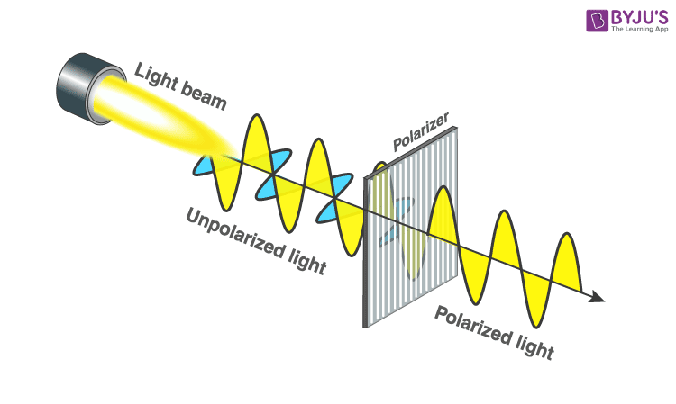 An image of light vibrating in multiple directions being passed through a polarizer. It emerges vibrating in only one direction.