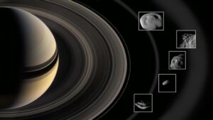 An image of Saturn and a number of moons