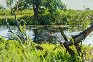 woman swimming in pond or creek