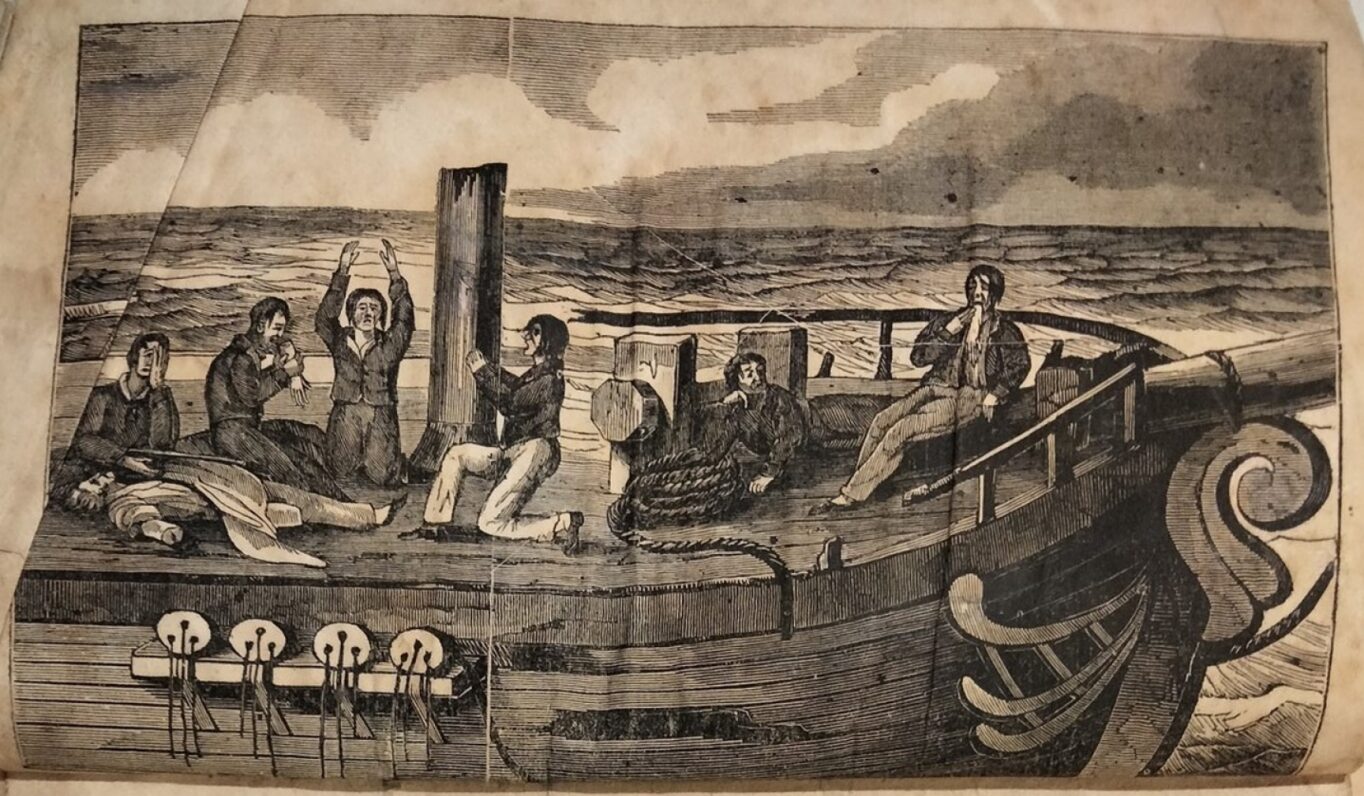 An illustration of men about a damaged ship, eating a deceased man.