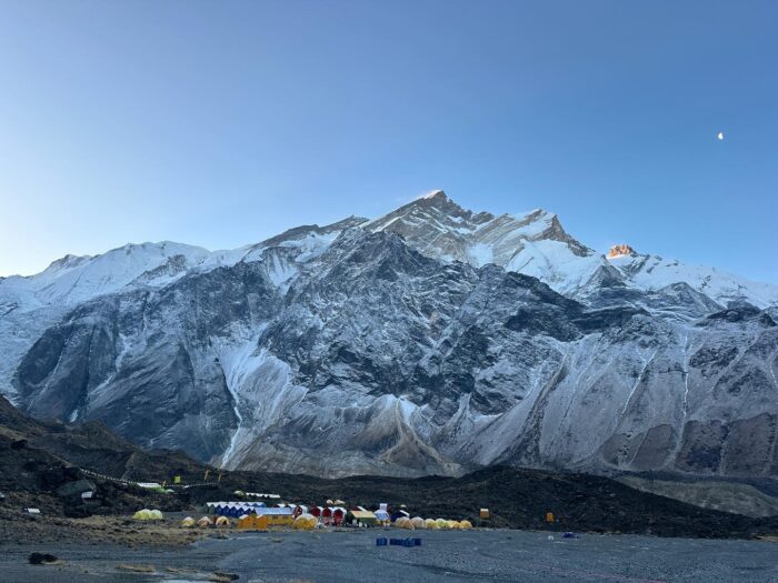 Annapurna in the dim light of dawn, with the BC tents at its base.