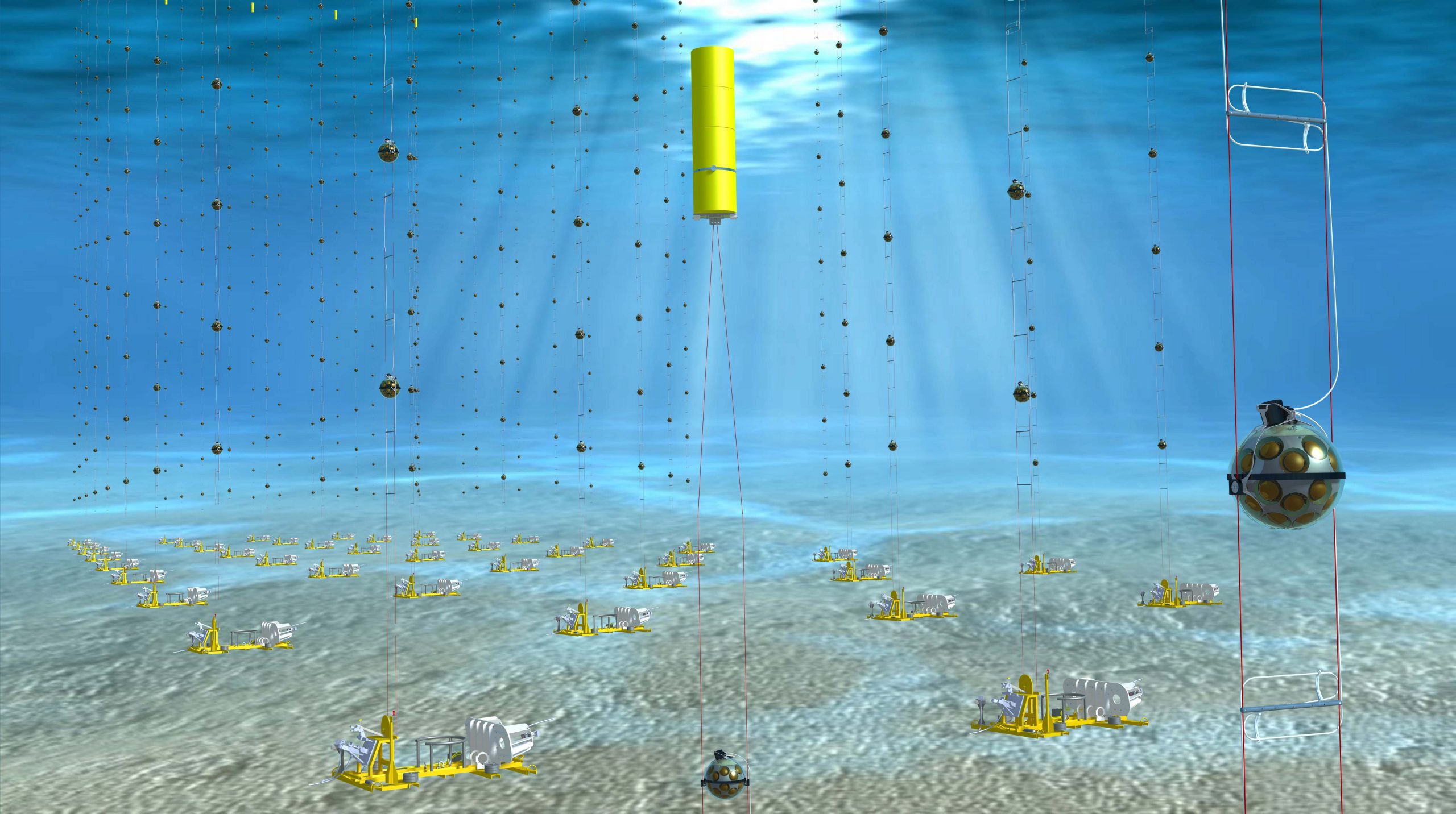 A graphic of a bunch of spheres suspended in the water at the bottom of the sea.
