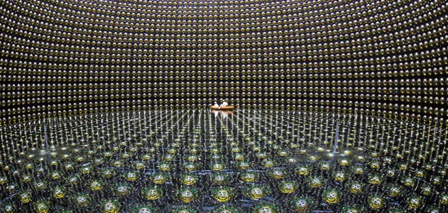 A room lined with thousands of spherical glass detectors.