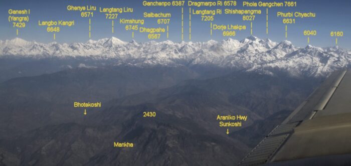 Main summits of Langtang and Yugal ranges from the air.