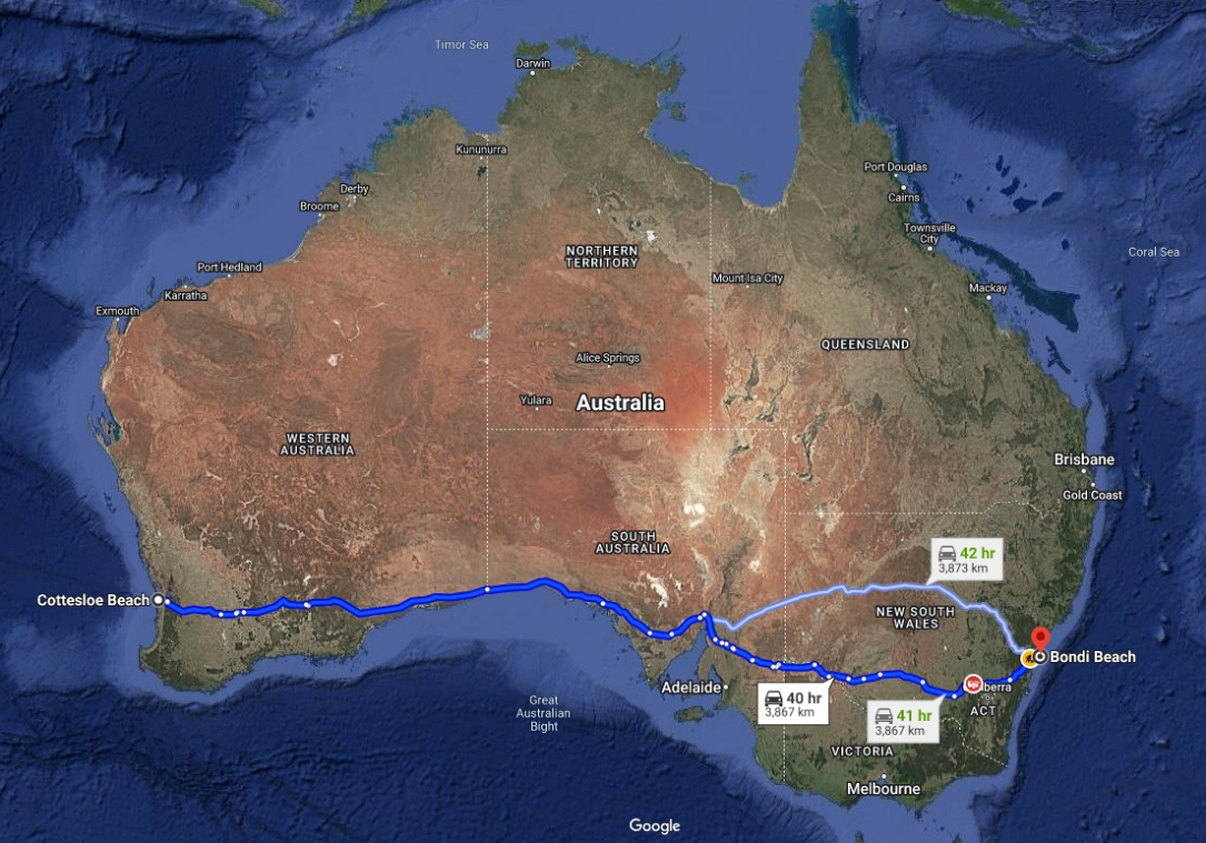 A map of Australian with a route marked between Perth and Sydney.