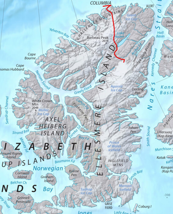 A map depicting Ellesmere Island with an approximate route taken by Borge Ousland and Vincent Colliard shown as a red line