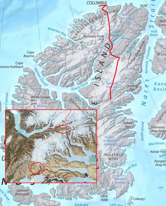 A topographic map showing part of Ellesmere Island in the Canadian Arctic. A red line traces the route taken by Ousland and Colliard, running from the Cape Columbia area in the north, through to the Agassiz Ice Cap in the south. Two red circles highlight rocky terrain they must cross, with the lower circle marking Sverdrup Pass. An inset map in the lower left shows a close-up of the terrain near these rocky areas. Blue labels indicate glaciers, ice caps, and geographic features.