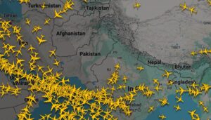 Screenshot of Flight Radar showing planes jammed south of Pakistan air space.