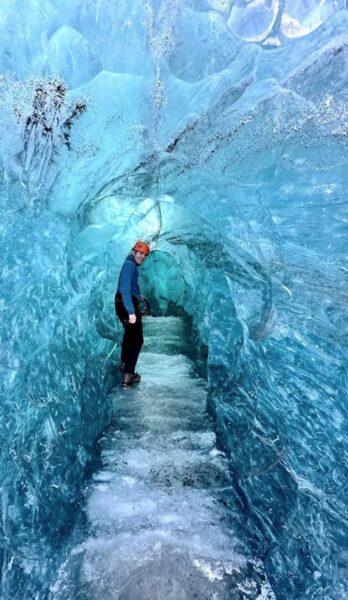 Konstantine Vlasis inside one of Iceland's glaciers.