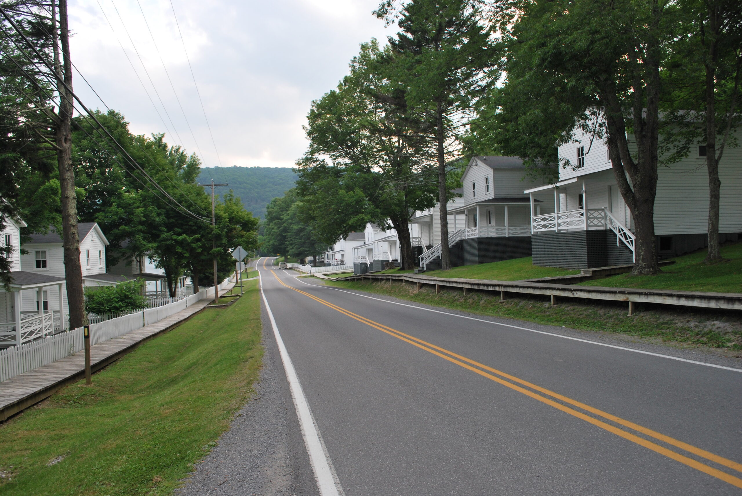 Rows of identical white houses.