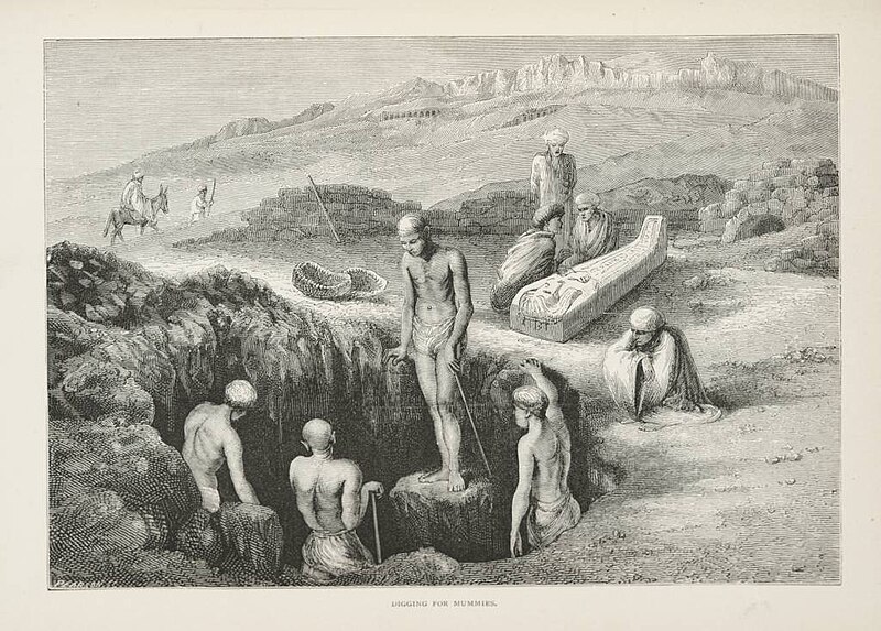 An engraving showing a group of men in the desert digging up coffins