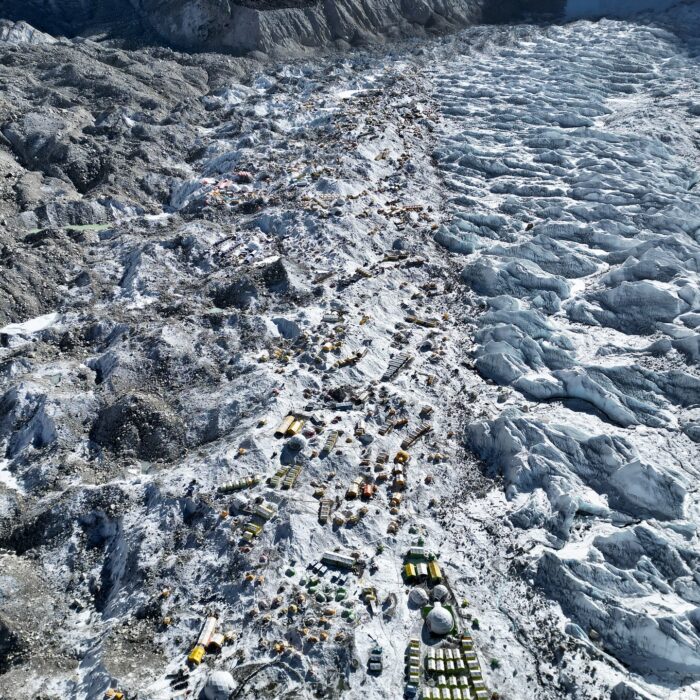Aerial view of the huge Everest base Camp, spreading along the Khumbu glacier.