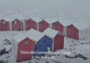 Everest Base Camp tents in snow and overcast