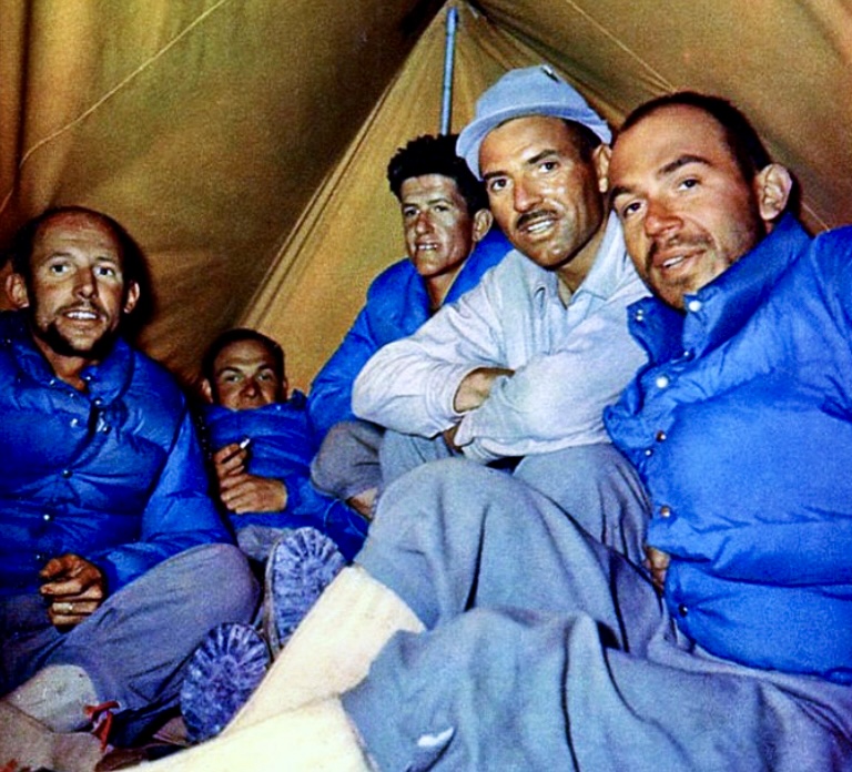 From left to right: Louis Lachenal, Jacques Oudot, Gaston Rebuffat, Maurice Herzog and Marcel Schatz, at Camp 2 on Annapurna I, in 1950.