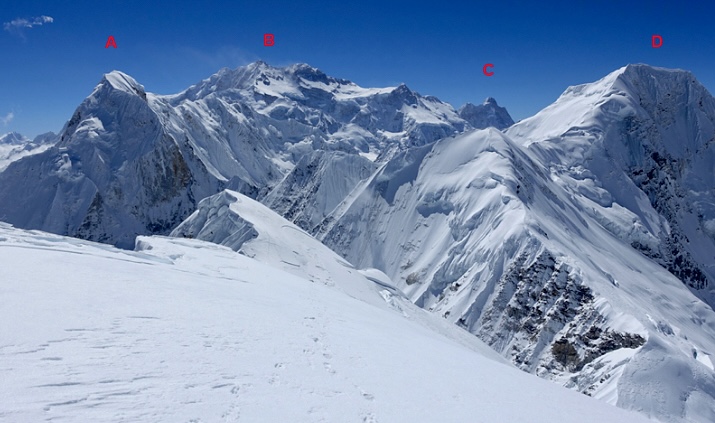 Looking south from langpo South along the frontier ridge to (A) Kirat Chuli, (B) Kangchenjunga, (C) Jannu, and (D) Pathibhara Chuli.