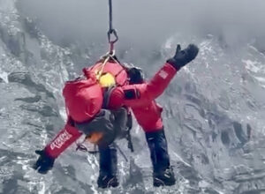 The Russian climber during the longline helicopter rescue.