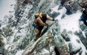 George Band climbing on difficult mixed ground on Kangchenjunga in 1955.