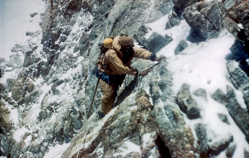 George Band climbing on difficult mixed ground on Kangchenjunga in 1955.