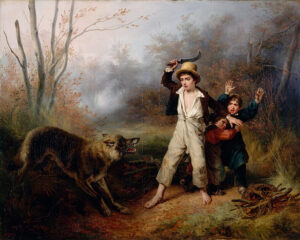 A painting of a wolf attacking two children.