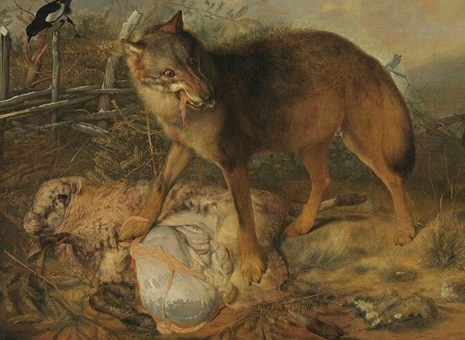 A painting of a wolf eating a lamb