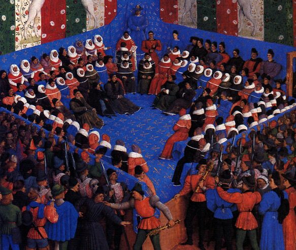 A painting of a large meeting of many men in late 15th century clothing.