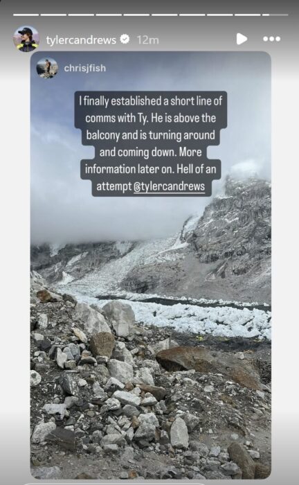IG story with text and a photo of Everest Base Camp.