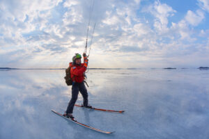 Ville Mertanen during his marathon snowkiting session.