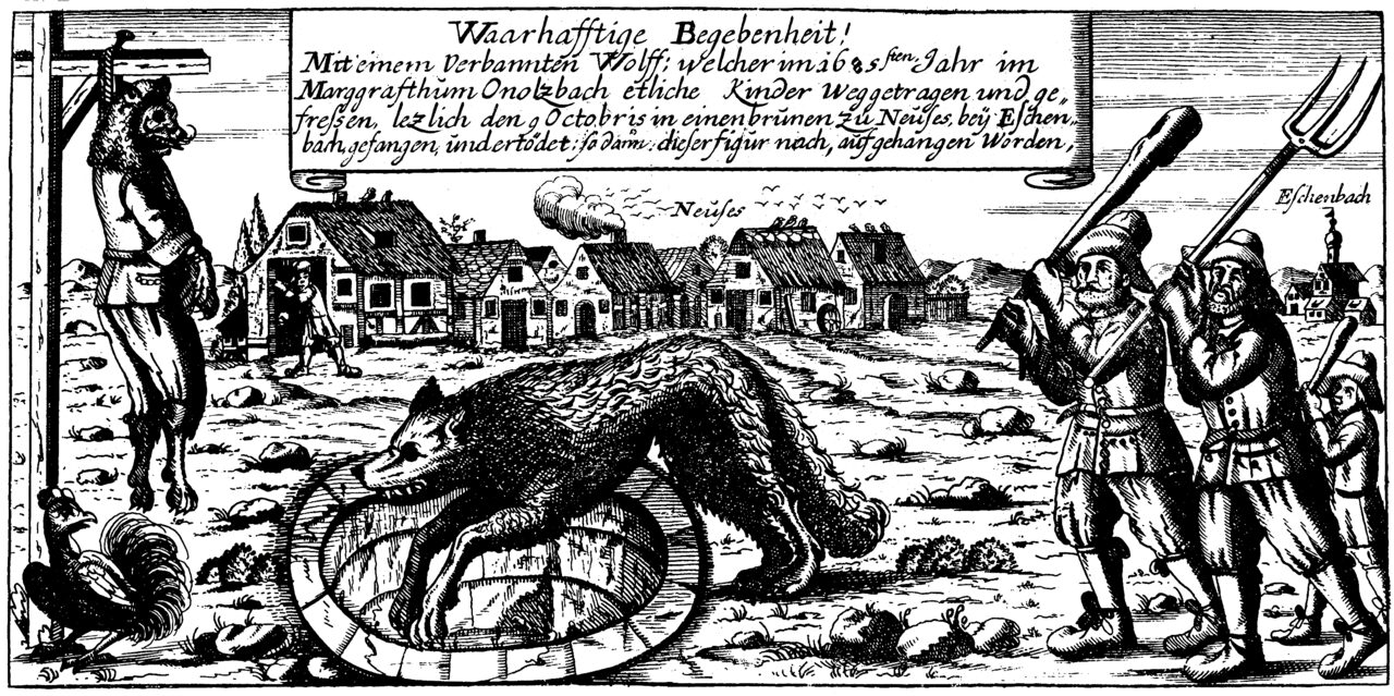 woodcut of a werewolf hunt