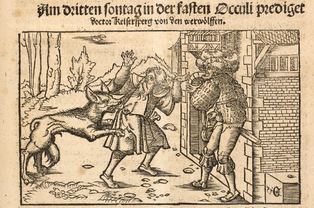 woodprint of a werewolf attacking a man