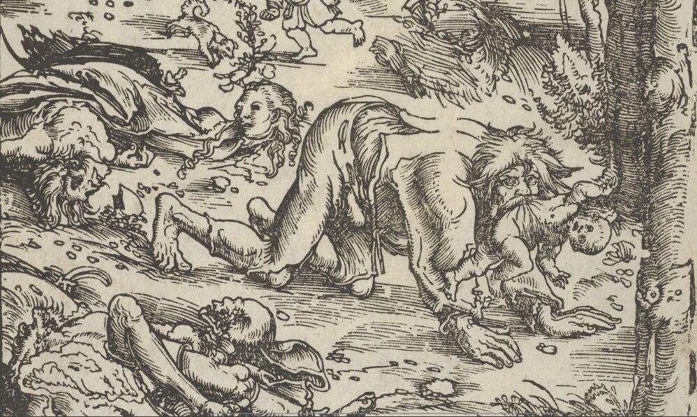 An engraving of a wild looking man crawling with an infant in his mouth