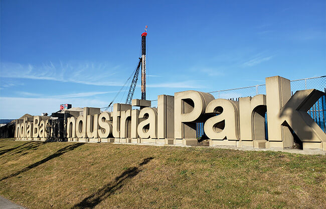 A concrete sign reading India Basin Industrial Park.