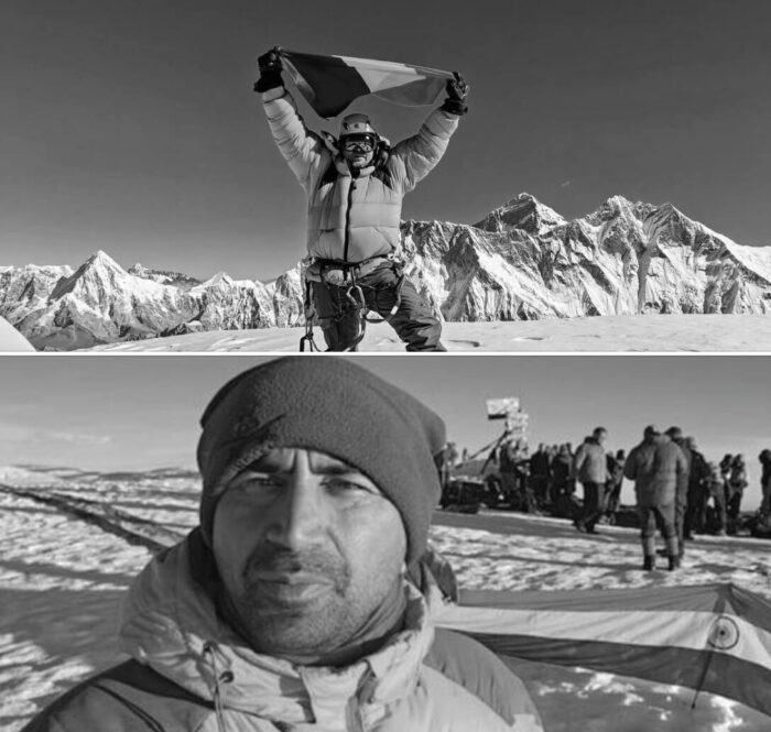 Black and white images of two climbers, one holding a flag on Ama Dablam and other at a snowy plain.