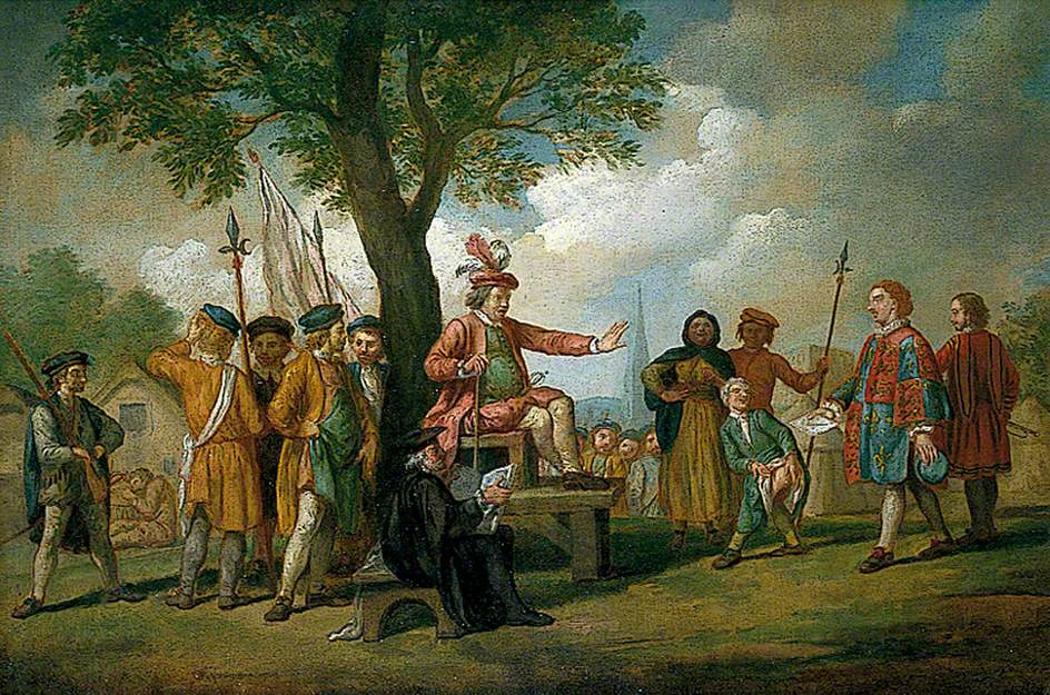 A painting of Robert Kitt, a tudor man, sitting under a tree surrounded by peasant followers