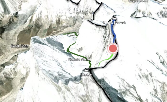 Andrews' location marked on a 3D map of Everest.
