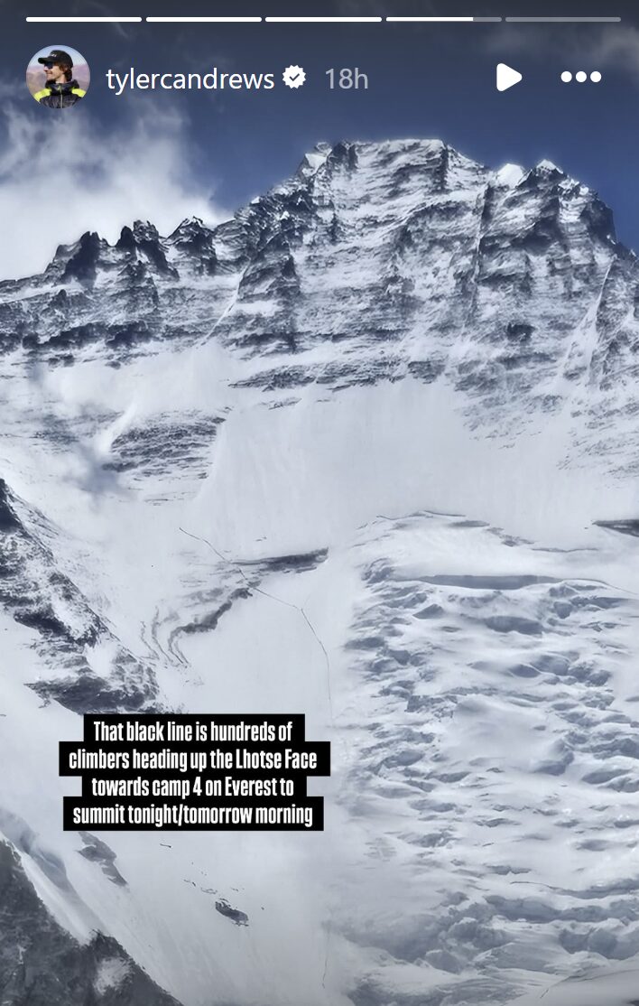 A black line across the Lhotse face formed by hundreds of climbers heading to the summit of Everest.