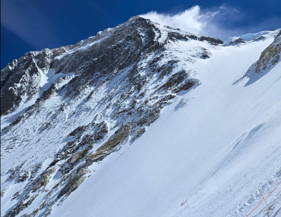 Everest summit with a wind plume, as seen from Camp 3 on the south side.