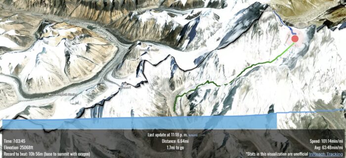 Graphic showing a 3D Everest map with Tyer Andrews' climb registered, and the timing data.