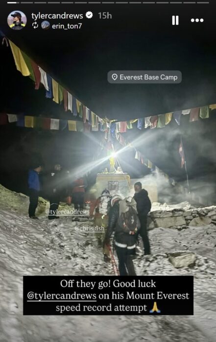 Climbers depart Everest Base Camp in the night