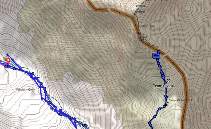 InReach tracking interface showing progress of Tyler Andrews on a map of Everest region.