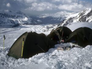 Tents at the Miguel Helfts improvised campsite near Camp 2 on Lenin Peak.
