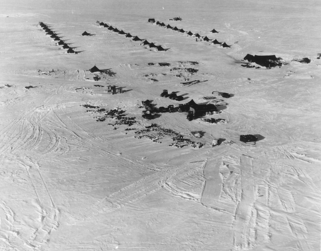 Black and white photo of a polar base from above