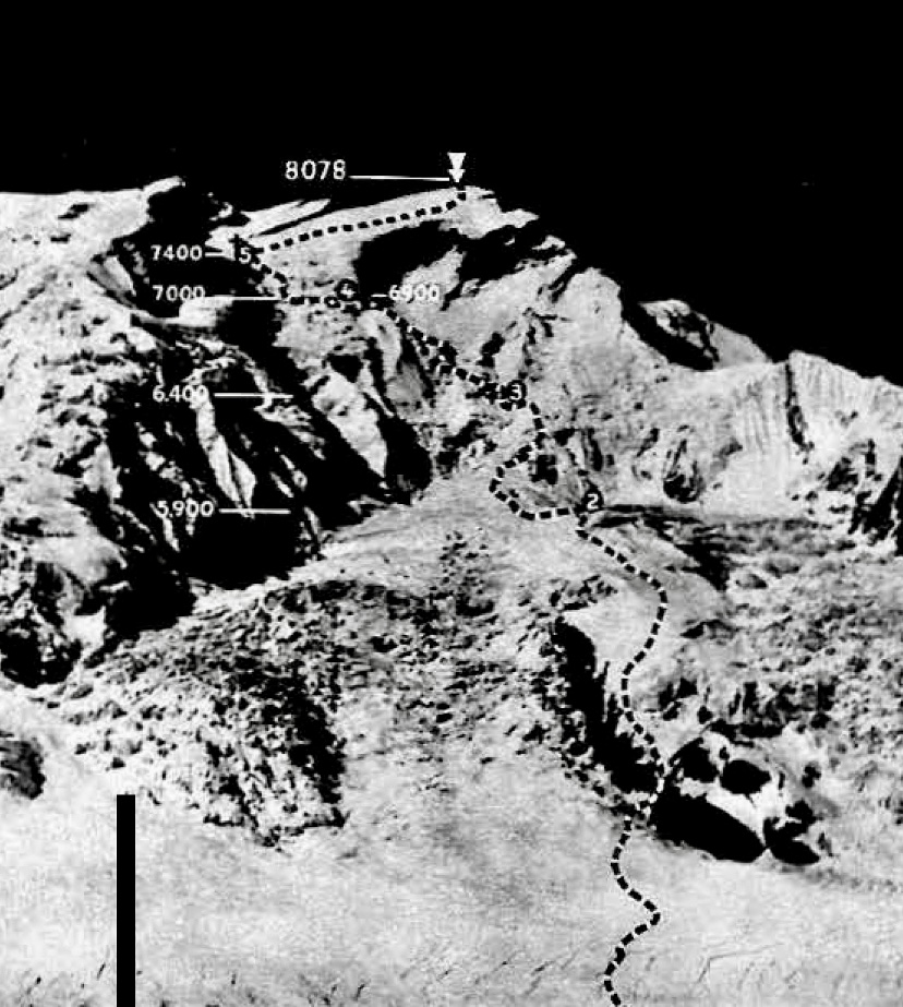 The 1950 first ascent route on Annapurna I.