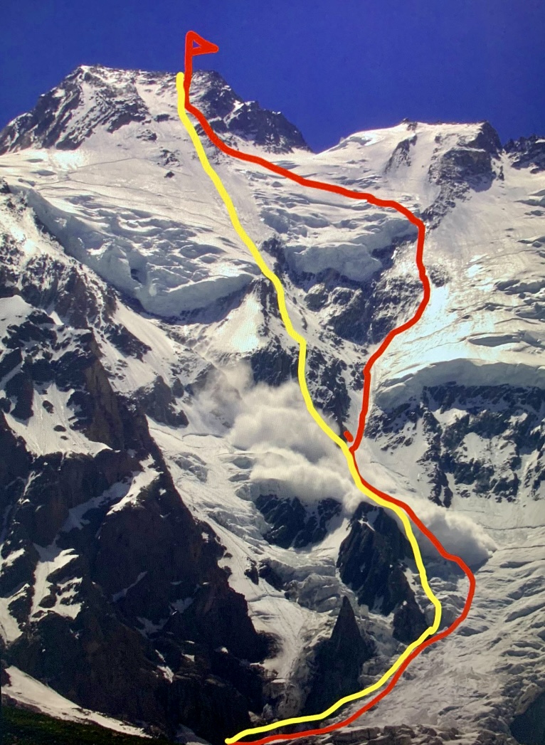 Zsolt Eross' ascent line (red) and descent line (yellow).