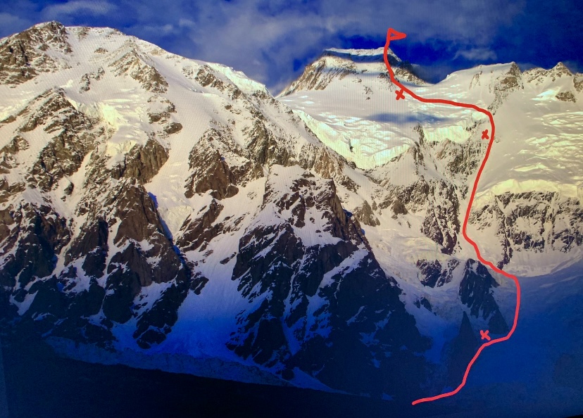 Zsolt Eross' ascent route on the Diamir Face of Nanga Parbat. Bivouacs marked with "x".