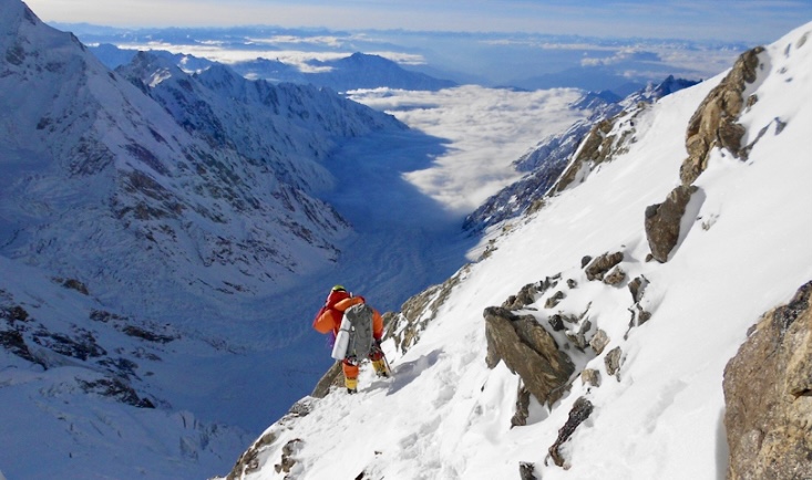 Daniele Nardi descending toward the Diamir Valley after the first attempt on the Mummery Rib.